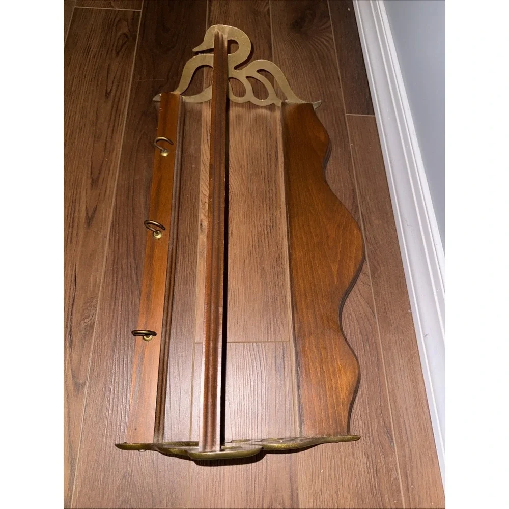Antique MCM Brass Wood Swan Wall Mount Shelf Coat Rack 3 Hook Rare Style 21